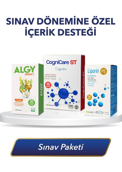 Sınav Paketi | Cognicare St & Algy Omega 3 & Liporin Ps (Dha & Cognizin Sitikolin & Fosfatidilserin) modelleri