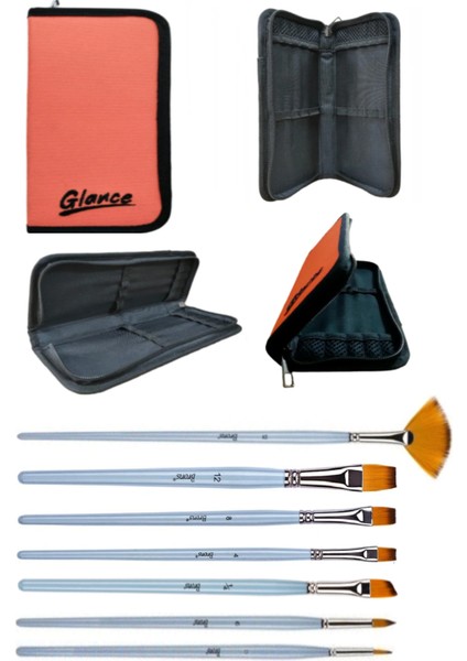 Turuncu Kalemlk Fırçalık 12 Bölmeli Çantalı Brons Yağlı Boya ve Akrilik Fırçası Sentetik 7"li Set