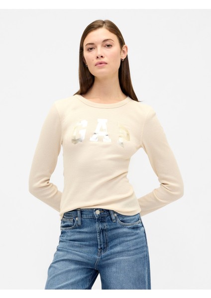 Kadın Krem Gap Logo Waffle-Knit T-Shirt