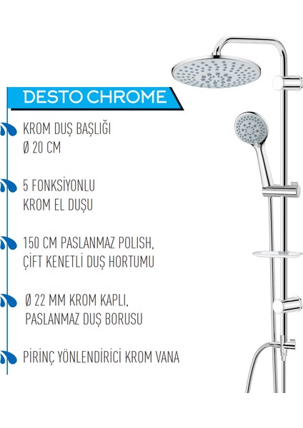 | Dushlux Duş Seti Fonksiyonlu, Krom, Yağmurlama Tepe Duşlu modelleri