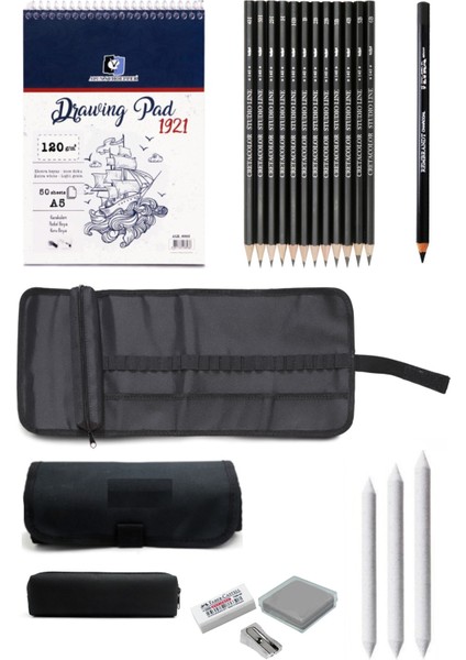 Eskiz Defteri A5 120 gr 50 Yp Cretacolor Dereceli Kalem Studioline Çantalı Eskiz Çizim Seti