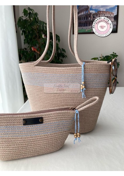 Bailey 2li Takım Plaj Çantası , El Çantası Clutch, Totebag, Kadın Çanta, Yazlık, Hediyelik, hasır Jüt Tress