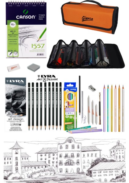 Canson Eskiz Defteri Karakalem Metalik Sulu Kuruboya Kalemi 4 Bölümlü Turuncu Kalem Çantası