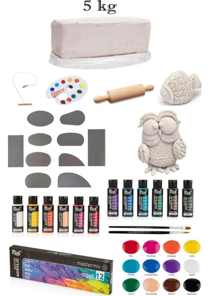 Vakumlu Çamuru Beyaz 5 kg Rich Master Mix 60CC Akrilik 12'li Canlı Renk Seramik Metal Sistre Seti