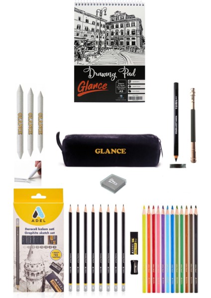 Eskiz Defteri A5 120 gr 50 Yp Adel Dereceli Kalem Seti 8'li Adel 12'li Kuruboya Set 12 Li Seti