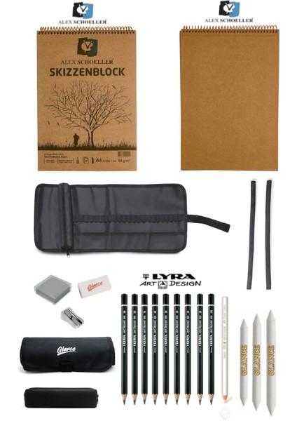 Alex Kraft Spiralli Blok 90GR A4 50 Yp Lyra Dereceli Kalem Profesyonel Karakalem Çantalı Eskiz Seti