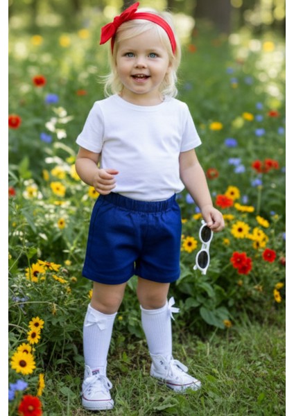 Kız Çocuk Saks Jean Şort Dev Fiyonk Bandana Takım