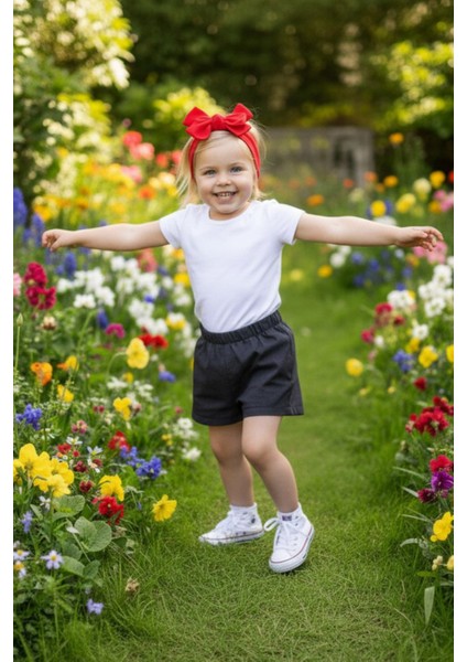 Kız Çocuk Lacivert Jean Şort Dev Fiyonk Bandana Takım