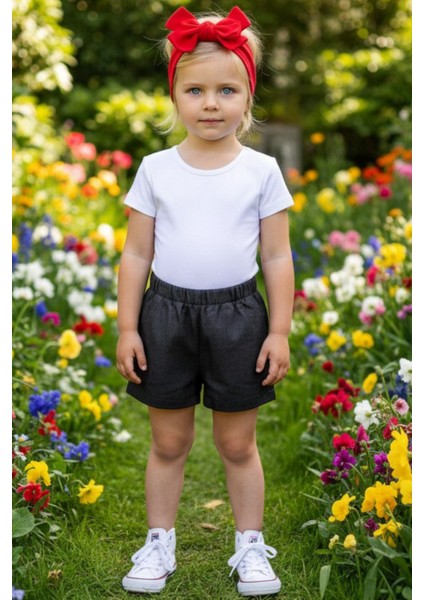 Kız Çocuk Lacivert Jean Şort Dev Fiyonk Bandana Takım modelleri