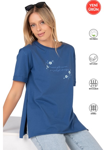 Özkan 27598 Kadın %100 Pamuklu Likrasız Süprem Penye Kumaş Kısa Kollu T-Shirt Yırtmaç Detaylı Bisiklet Yaka