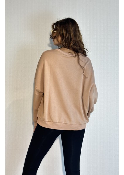 Kadın Bisiklet Yaka Üç Iplikli Uzun Kollu Oversize Basic Sweatshirt