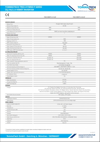 Trio Hibrit F Serisi 20KW Lv Hibrit Inverter modelleri