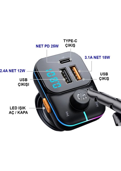 55W Pd ve Qc Destekli Type-C Çıkışlı Bluetooth Fm Modülatör, Hızlı Araç Şarj Cihazı modelleri