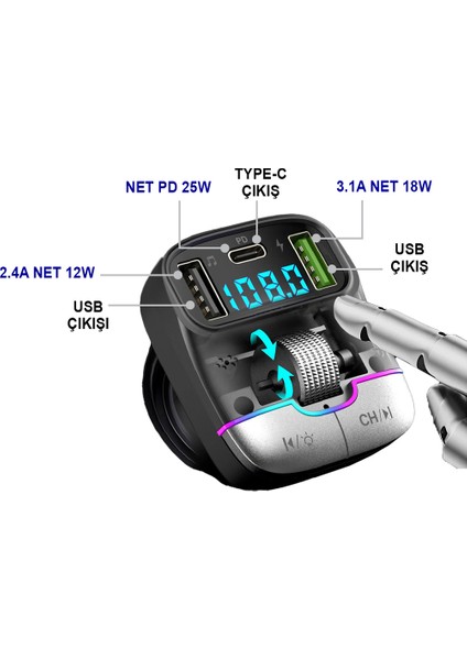 55W Pd ve Qc Destekli Type-C Çıkışlı Bluetooth Fm Modülatör ve Çoklu Araç Şarj Cihazı modelleri
