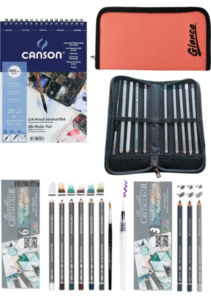 Canson A5 200 gr 20 Sayfa Taşıma Çantası Cretacolor 6'+3 Aquarell Sulandırılabilir Dereceli Kalem