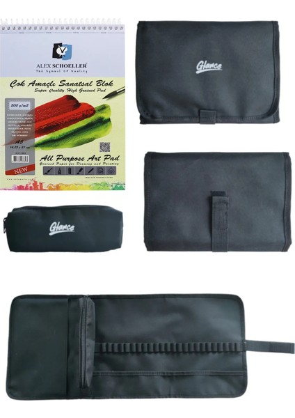 Alex Schoeller 200GR A5 20 Yaprak Cepli Siyah Kalemlik 24 Bölmeli + Kalem Kutusu