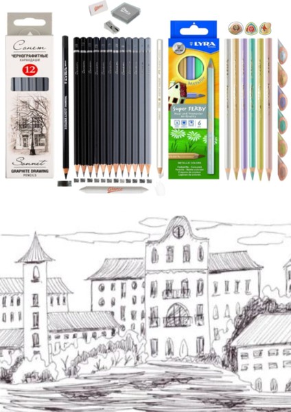 St.petersburg Dereceli Kalem 6 Renk Jumbo Metalik Kuru Boya Çizim Eskiz Seti