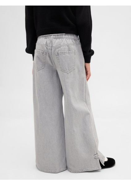 Kız Çocuk Gri Low Rise Fiyonk Yırtmaçlı Baggy Jean Pantolon fırsatları