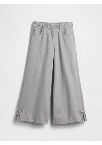 Kız Çocuk Gri Low Rise Fiyonk Yırtmaçlı Baggy Jean Pantolon