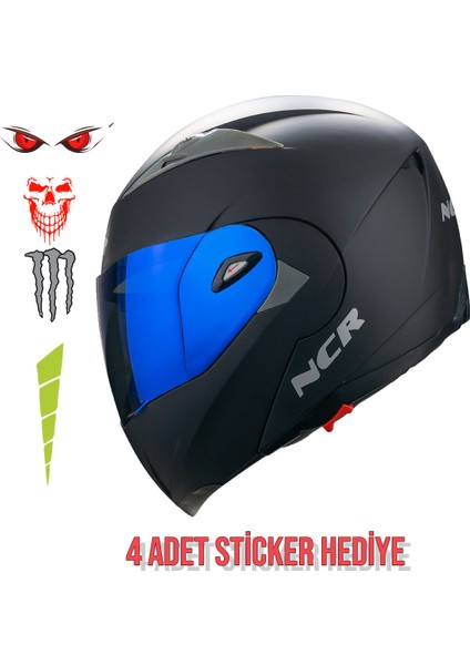 Çene Açılır Mavi Vizörlü Motosiklet Kaskı Ece Belgeli