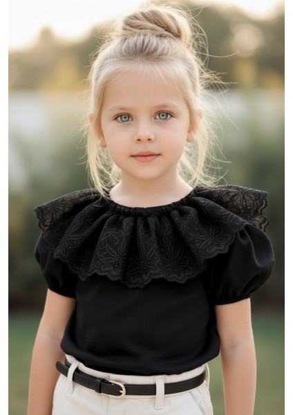 Kız Çocuk Siyah Bisiklet Yaka Dantelli Kısa Kol 23 Nisan Bluz Gömlek Abiye