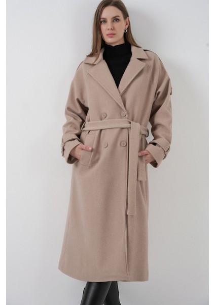 Kadın Bdart Kruvaze Yaka Düğmeli Kaşe Kaban Bej Doğal