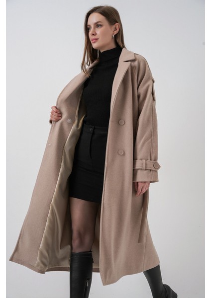 Kadın Bdart Kruvaze Yaka Düğmeli Kaşe Kaban Bej Doğal modelleri