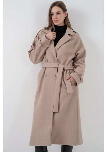 Kadın Bdart Kruvaze Yaka Düğmeli Kaşe Kaban Bej Doğal fırsatları