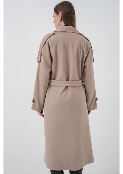 Kadın Bdart Kruvaze Yaka Düğmeli Kaşe Kaban Bej Doğal