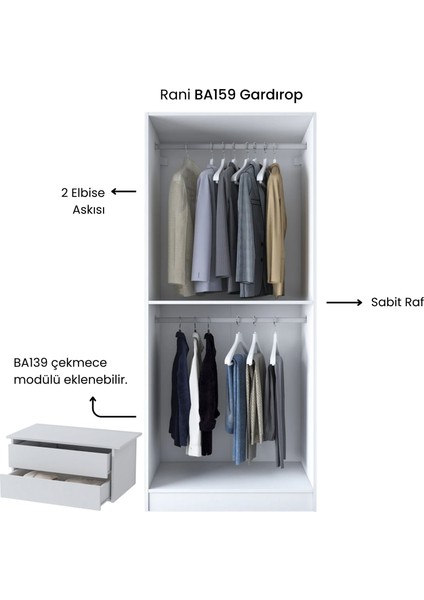 BA159 Gardırop 2 Kapaklı Raflı 2 Askılı Elbise Dolabı Beyaz indirimleri
