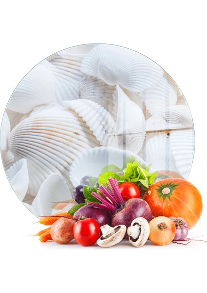 Cam Kesme Tahtası ve Sunumluk Yuvarlak Deniz Kabuğu Desenli 30X30 cm