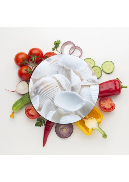 Cam Kesme Tahtası ve Sunumluk Yuvarlak Deniz Kabuğu Desenli 30X30 cm modelleri