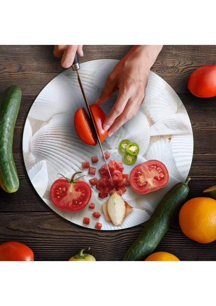 Cam Kesme Tahtası ve Sunumluk Yuvarlak Deniz Kabuğu Desenli 30X30 cm fırsatları