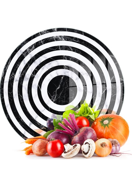 Cam Kesme Tahtası ve Sunumluk Yuvarlak Siyah Beyaz Mermer Desenli 30X30 cm