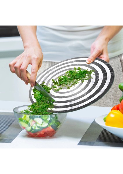 Cam Kesme Tahtası ve Sunumluk Yuvarlak Siyah Beyaz Mermer Desenli 30X30 cm indirimleri