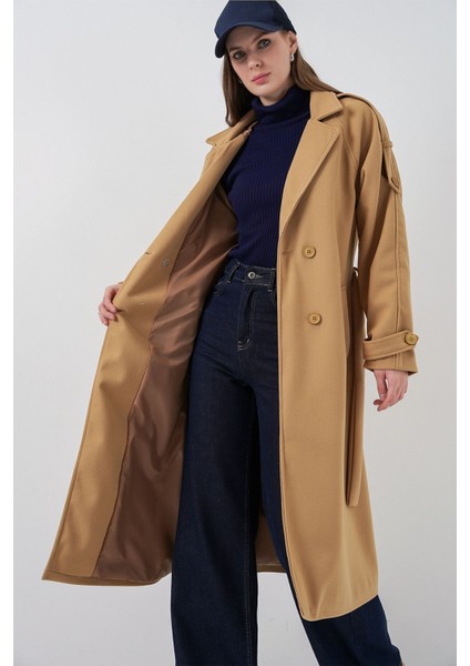 Kadın Bdart Kruvaze Yaka Düğmeli Kaşe Kaban Kehribar Sarısı modelleri