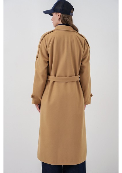 Kadın Bdart Kruvaze Yaka Düğmeli Kaşe Kaban Kehribar Sarısı