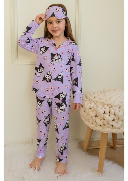 Kuromi Kız Çocuk Gömlek Yaka Düğmeli Uzun Kol Pijama Takımı