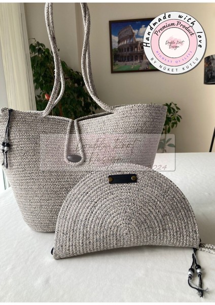 Bailey 2li Takım Plaj Çantası , El Çantası Clutch, Totebag, Kadın Çanta, Yazlık, Hediyelik, hasır Jüt Tress