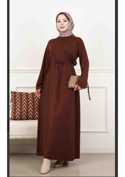 Kadın Kahve Rengi Belden Bağlama Detaylı Cepli Oysho Kumaş Tesettür Elbise