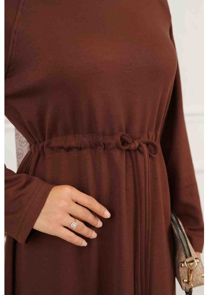 Kadın Kahve Rengi Belden Bağlama Detaylı Cepli Oysho Kumaş Tesettür Elbise modelleri