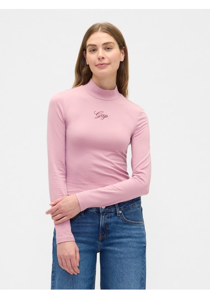Kadın Pembe Crop Gap Logo Mockneck T-Shirt