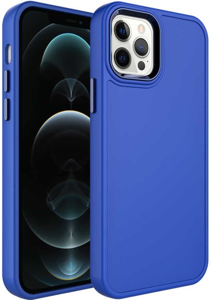 Apple iPhone 12 Pro Max Kılıf Metal Çerçeve ve Buton Tasarımlı Sert Inc Botox Kapak-Saks Mavi