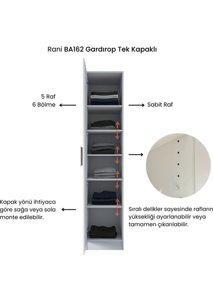 BA162 Gardırop Tek Kapaklı 5 Raflı Elbise Dolabı Beyaz indirimleri