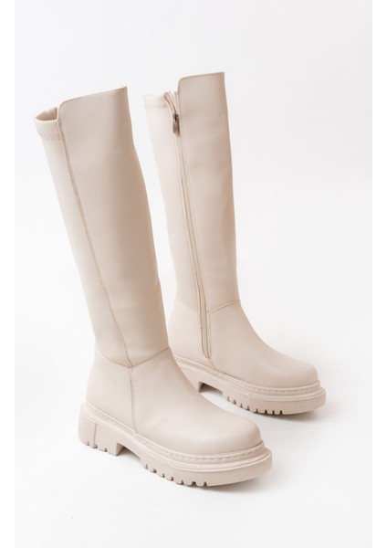 Bej Arkası Streç Fermuarlı Premium Kadın Çizme