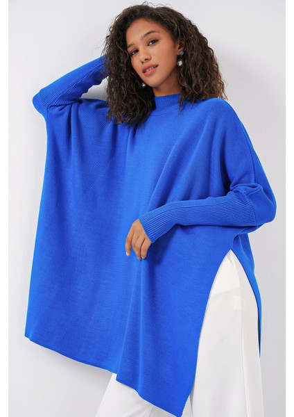 Kadın Bdart Yırtmaç Detaylı Dik Yaka Triko Kazak Fas Mavisi