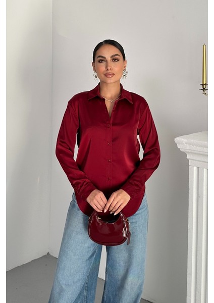 Kadın Gömlek Saten Uzun Kollu Düşük Omuz Düğmeli Şık Gömlek