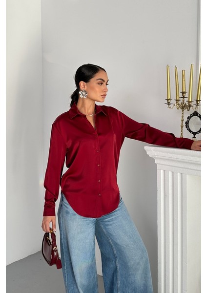 Kadın Gömlek Saten Uzun Kollu Düşük Omuz Düğmeli Şık Gömlek fiyatları