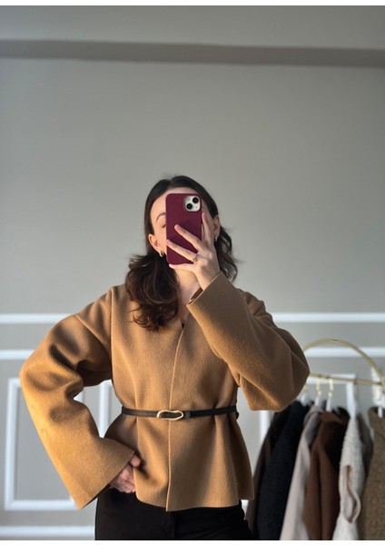Camel Deri Kemerli Kaşe Kimono