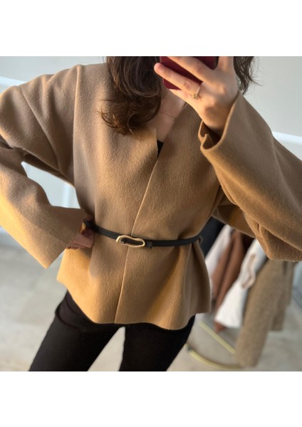 Camel Deri Kemerli Kaşe Kimono modelleri